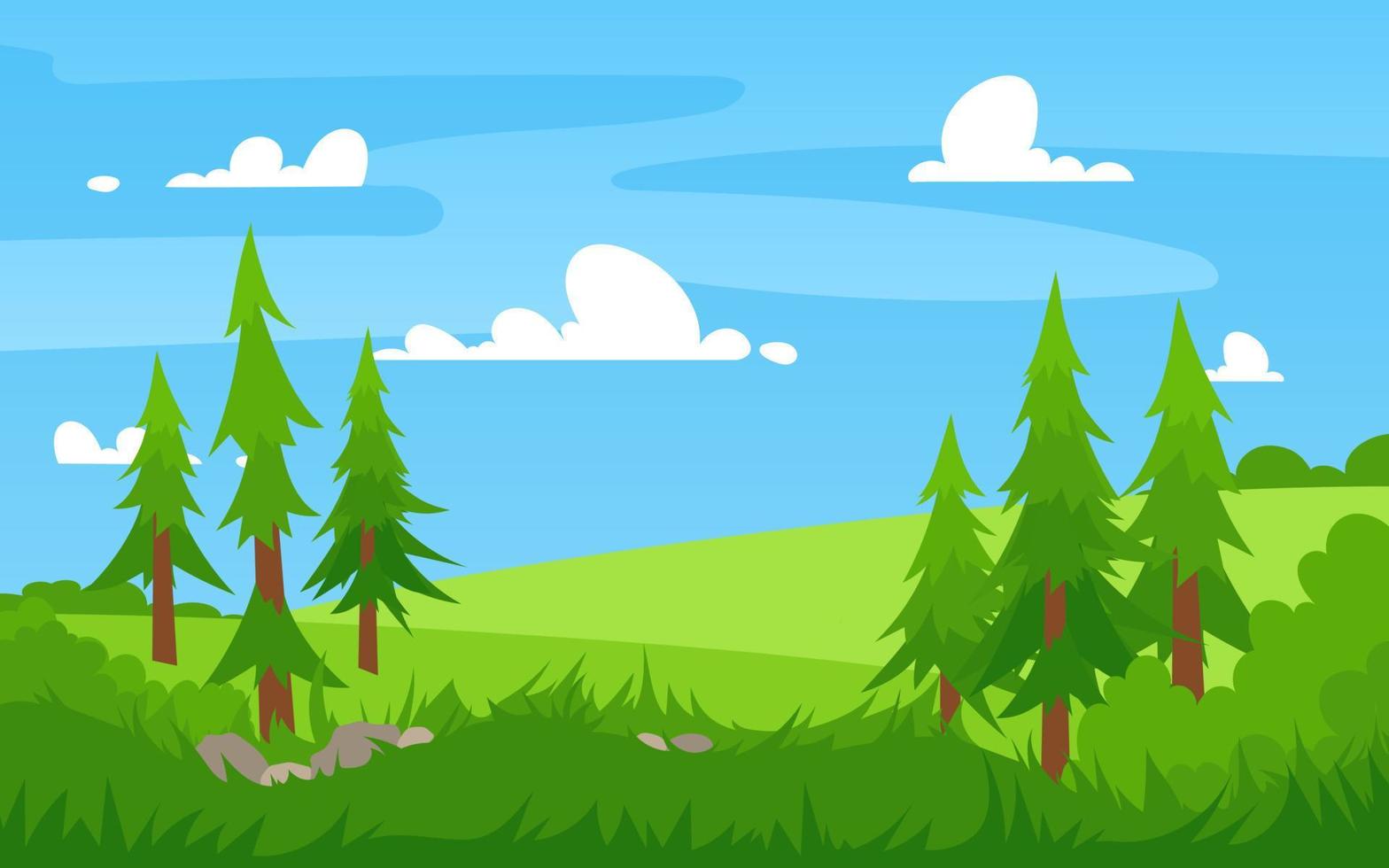 Vector illustration of beautiful summer landscape fields, flowers, tall grass, pine trees, green hills, spruce, blue sky, clouds forest  background in flat banner cartoon style. Spring season.