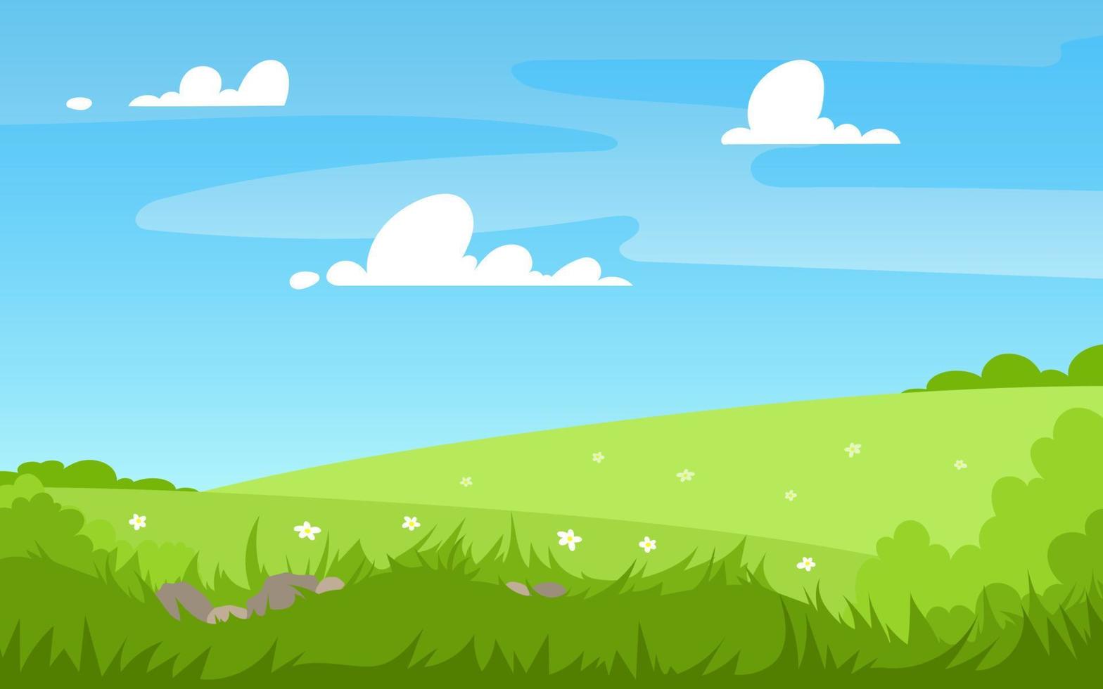ilustración vectorial de hermosos campos de paisajes de verano, flores, árboles, colinas verdes, cielo azul de color brillante, fondo de campo de nubes en estilo de dibujos animados de banner plano. vector