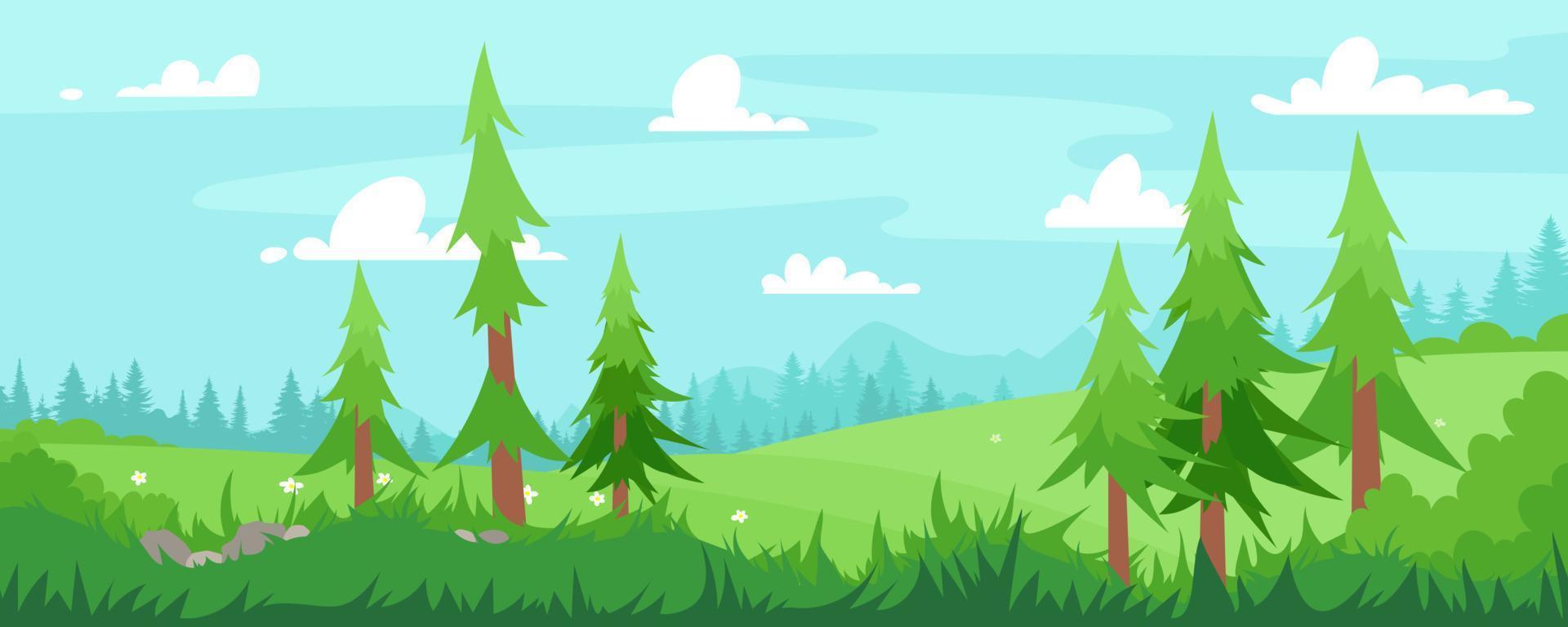 Vector illustration of beautiful summer landscape fields, flowers, grass, pine trees, green hills, mountains, blue sky, clouds forest silhouette background in flat banner cartoon style. Spring season.