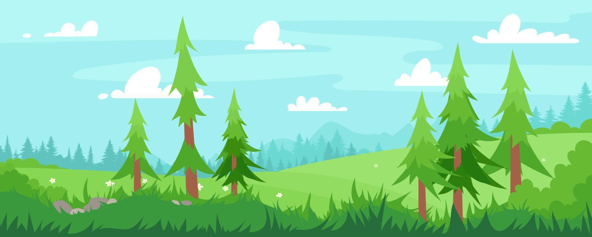 ilustración vectorial de hermosos campos de paisajes de verano, flores, hierba, pinos, colinas verdes, montañas, cielo azul, fondo de silueta de bosque de nubes en estilo de dibujos animados de banner plano. temporada de primavera. vector