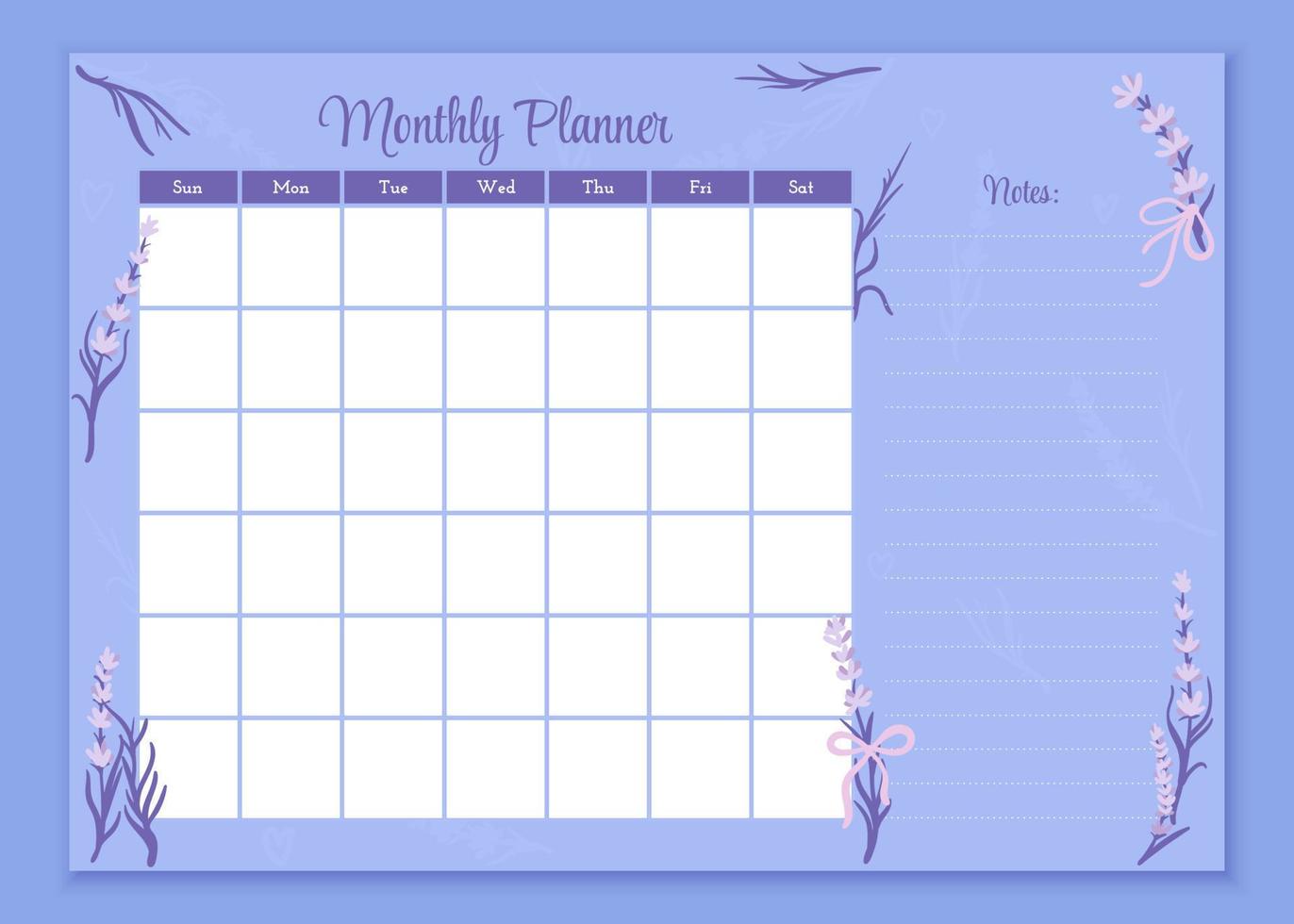 Monthly Planner to do list, notes. Printable schedule, calendar for study, school or work. Vector illustration. Lavender vector design template. Elegant cute spring flowers organizer and notepad.