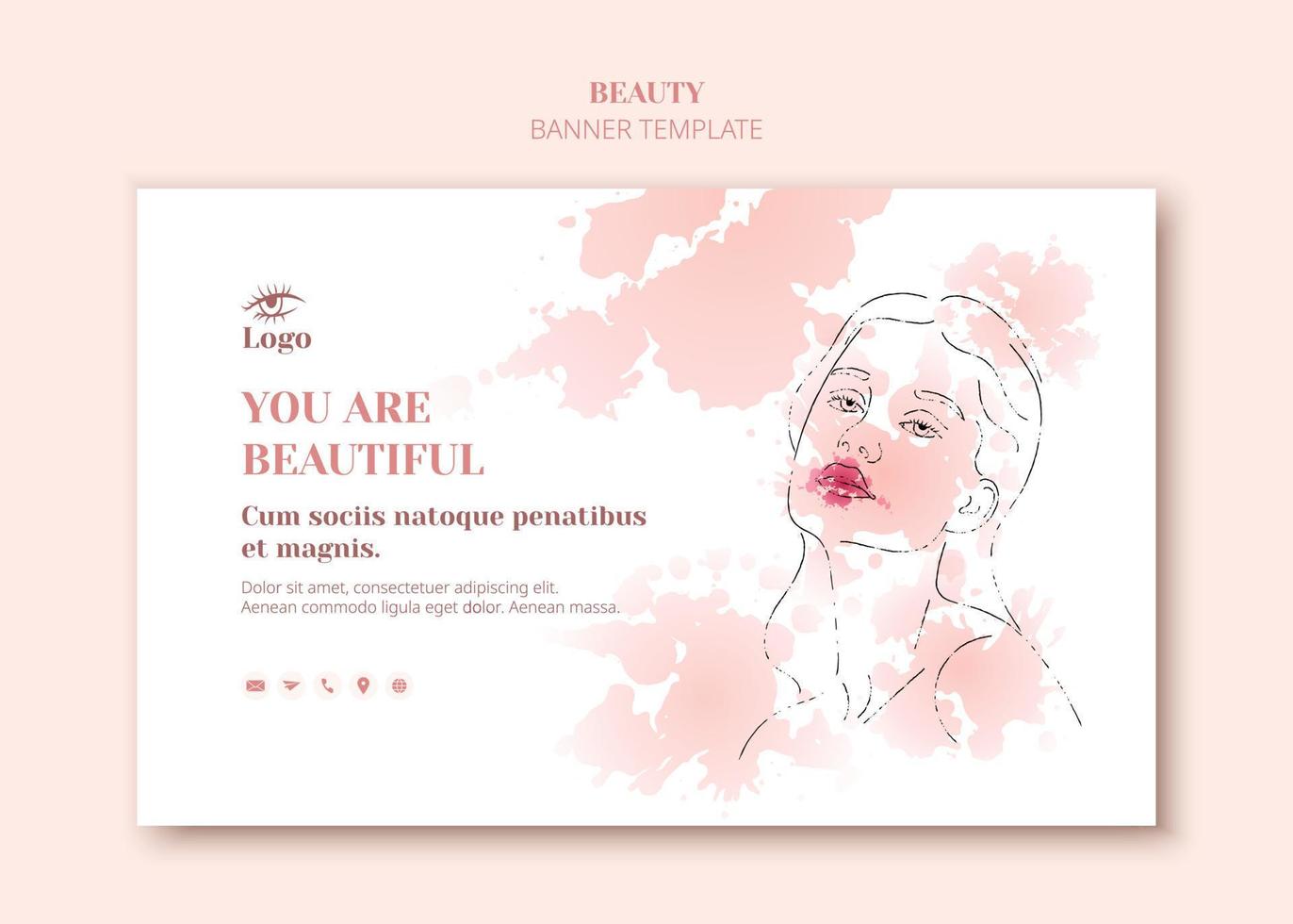 Female face in trendy art style. Line art in an elegant style with watercolor paint banner template. Beautiful woman face contour grunge brush vector illustration. Skin care make up. Pink color.