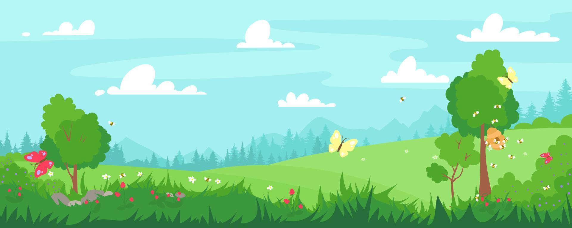 Vector illustration of beautiful summer landscape fields, flowers, honey bee, grass, trees, green hills, mountains blue sky, clouds country background in flat banner cartoon style. Spring season.