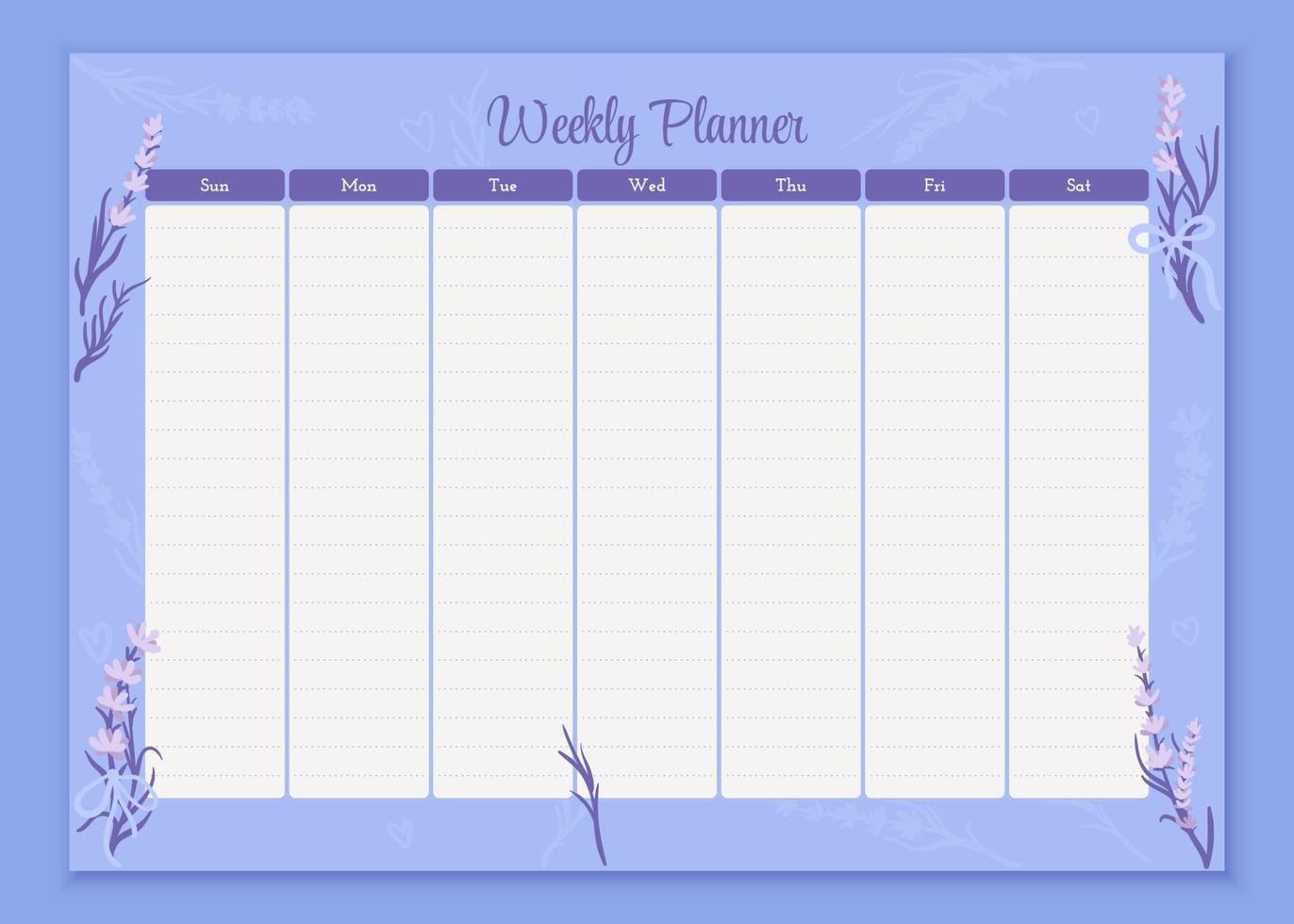 Vector weekly planner design template. Elegant cute lavender flowers organizer and notepad. Week calendar schedule printable to do list notes. Calendar reminder for study layout for 2023