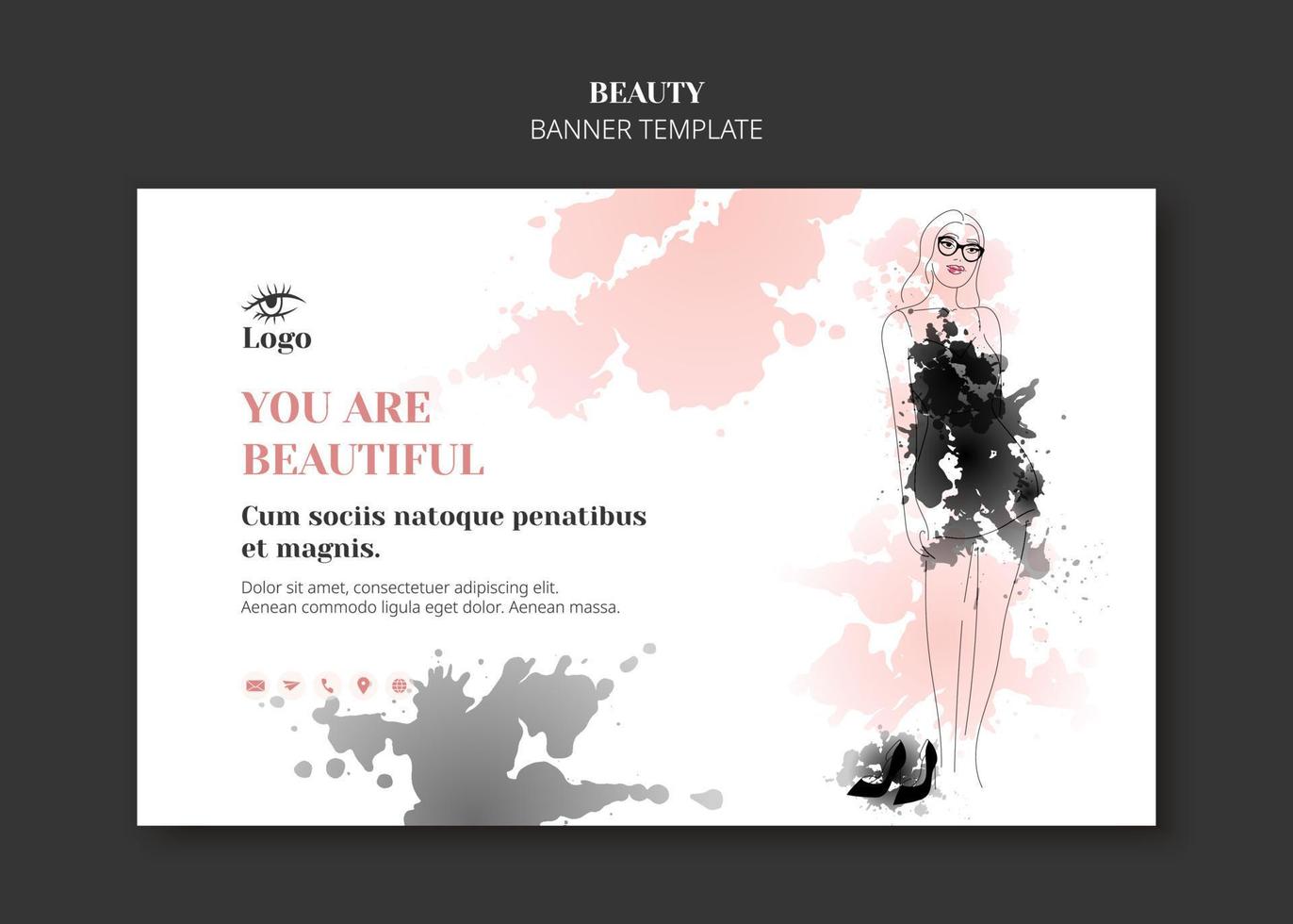 Female in trendy art style. Line art in an elegant style with watercolor paint banner template. Beautiful woman face and body contour grunge vector illustration. Fashion and make up. Black clothe.