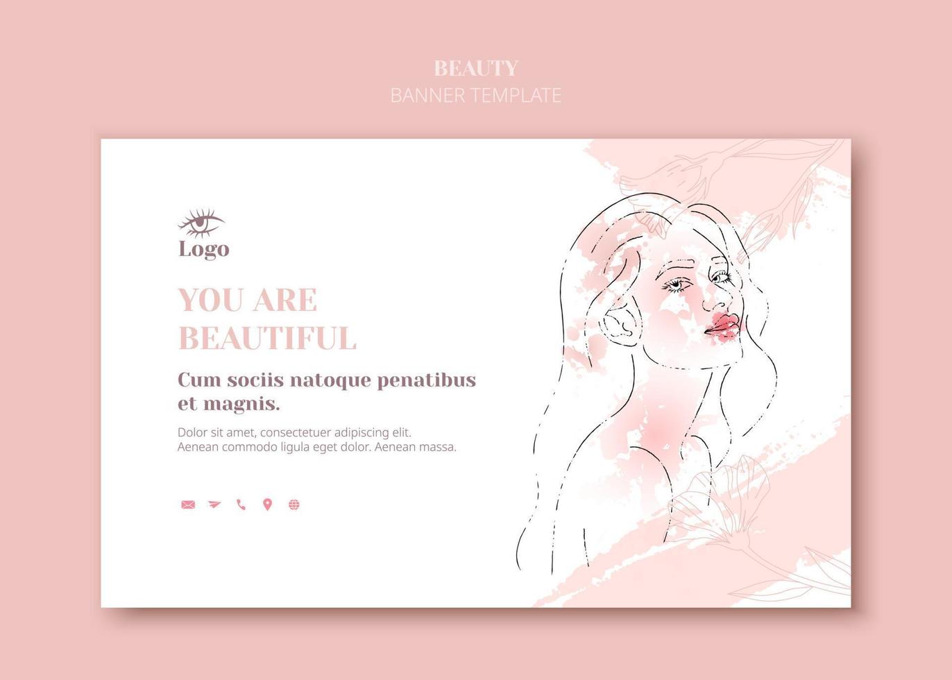 Female face in trendy art style. Line art in an elegant style with watercolor paint banner template. Beautiful woman face contour grunge brush vector illustration. Skin care make up. Flowers design.