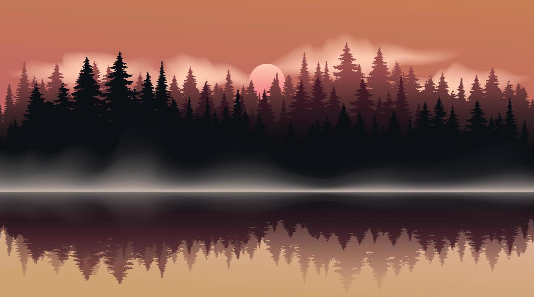 Vector dark forest background texture, silhouette of coniferous forest, vector. Season trees by the lake, reflection in the water spruce, fir. Horizontal autumn landscape. Summer evening with sunset.