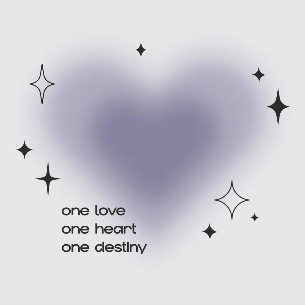 Blurry gradient card with positive love text. One love, one heart, one destiny. Vintage y2k banner template with purple heart for social media post. Minimalist groovy poster. Motivation quote vector