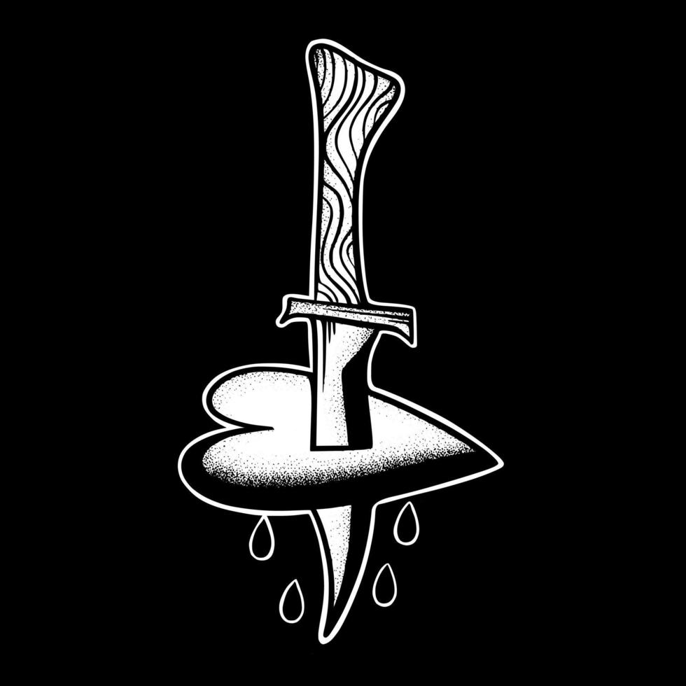 cuchillo corazón arte ilustración dibujado a mano vector blanco y negro para tatuaje, pegatina, logotipo, etc.