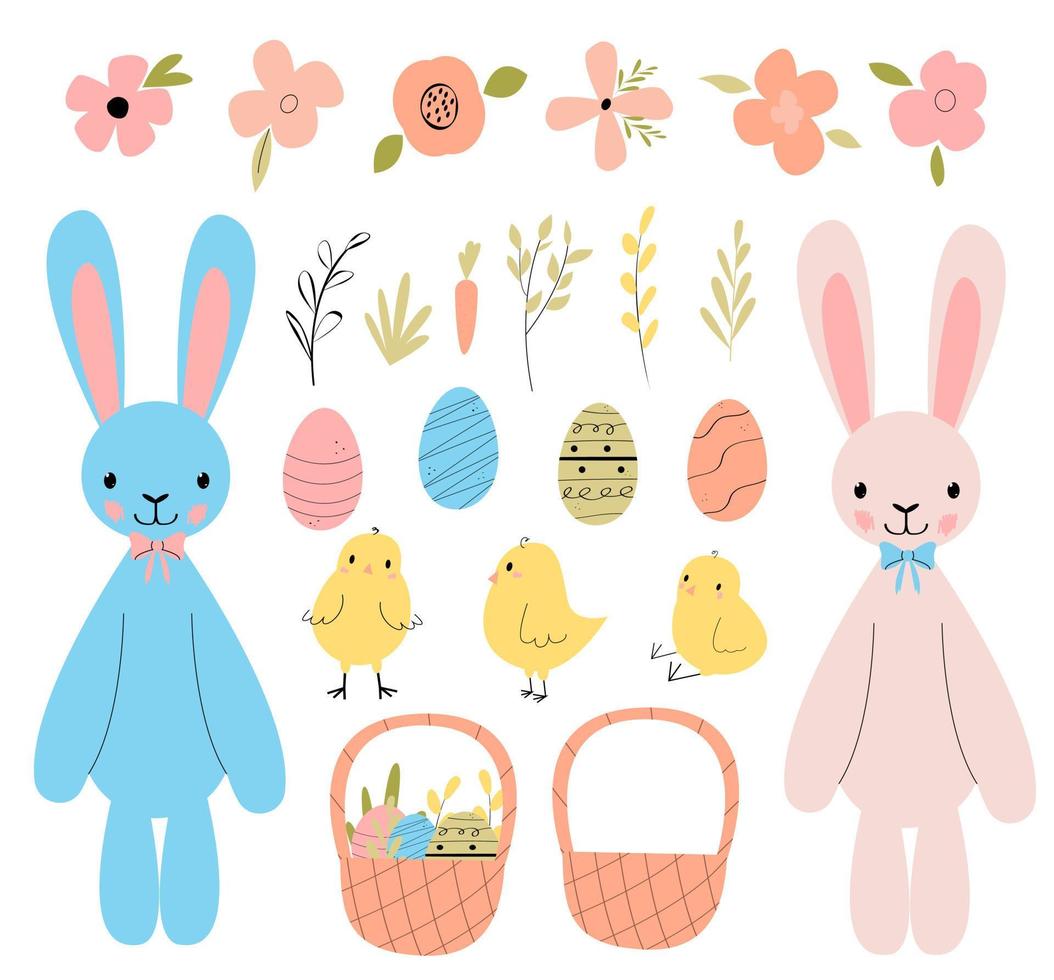 Easter vector collection. Festive children's Easter bunnies, decorated eggs, cute chickens, flowers, branches decors set  isolated on white background.