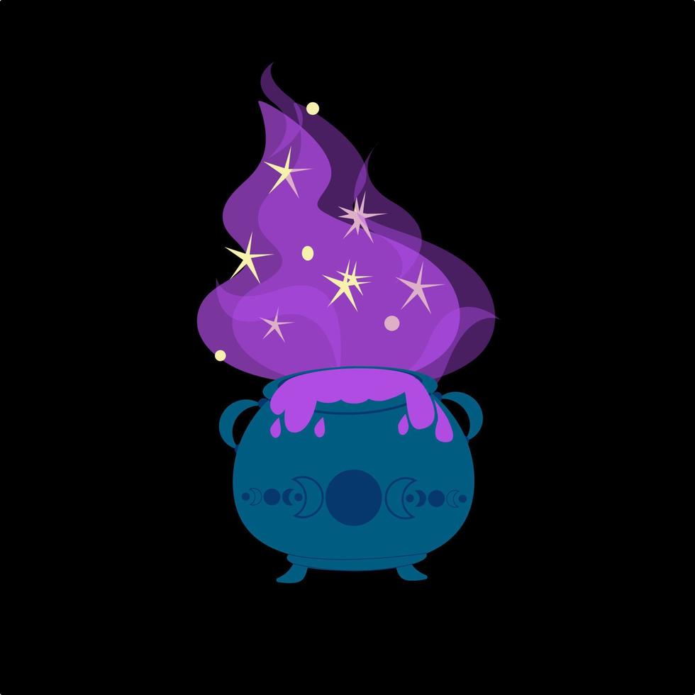 Witch cauldron. Vector magic pot with a purple potion.