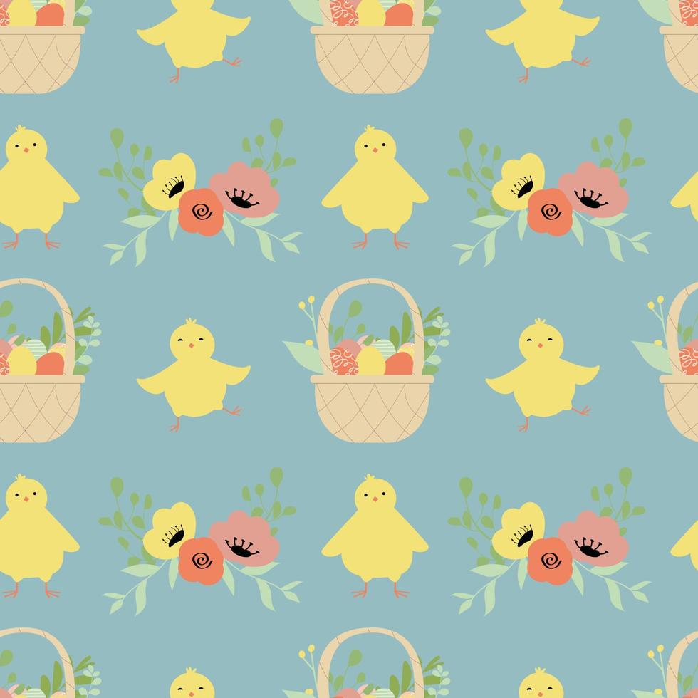Seamless Easter pattern with chickens and flowers. vector