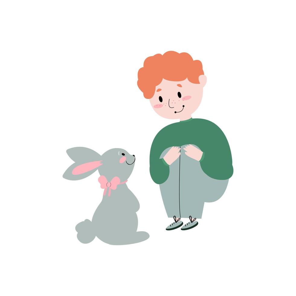 Happy boy and cute hare . Vector illustration of a kid and a easter rabbit isolated on a white background.