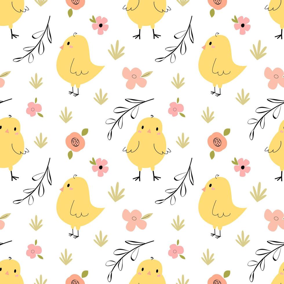 Seamless vector pattern with cute rabbits with floral elements.Childish adorable endless ornament with chicks, flowers and leaves.