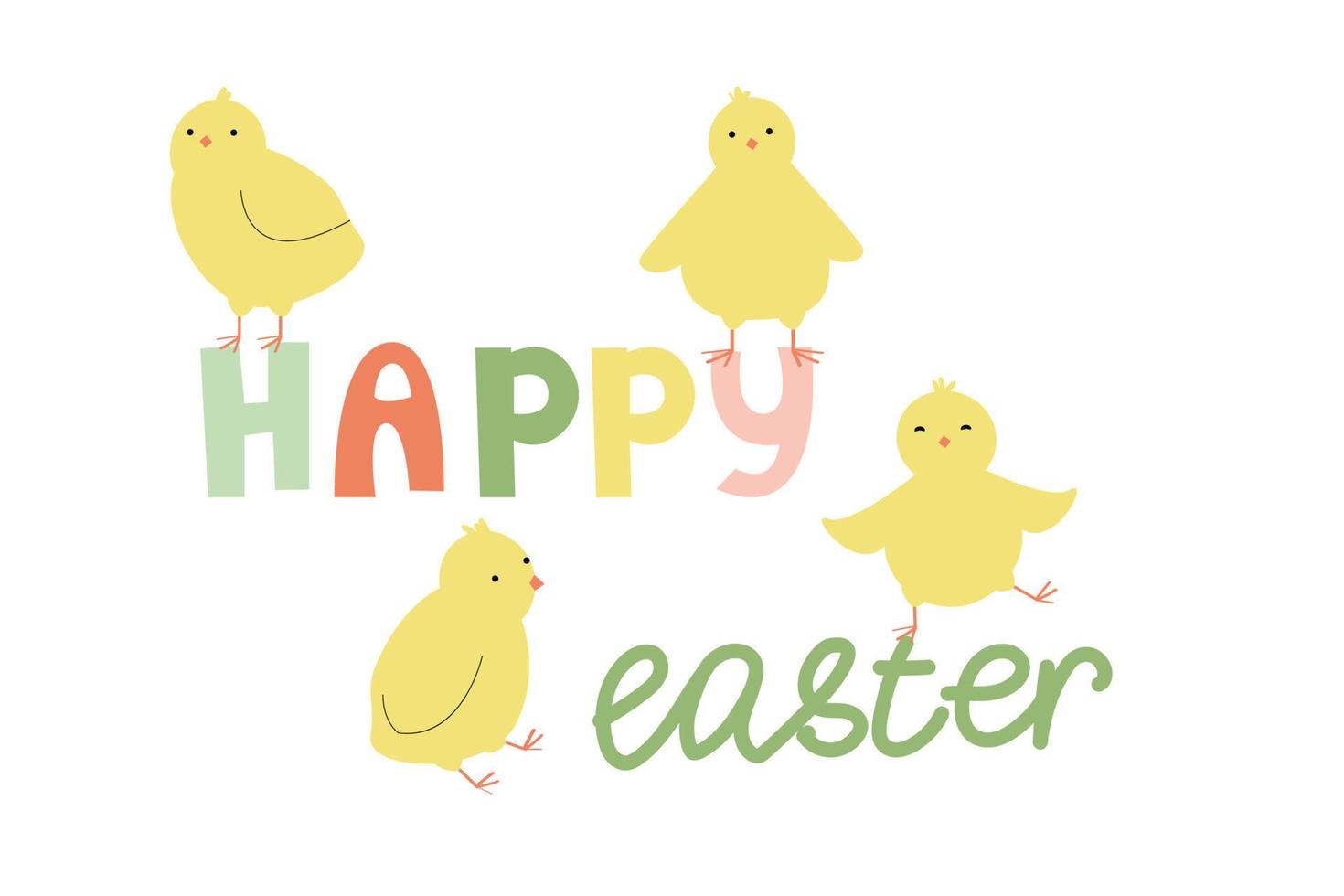 Happy Easter lettering. Vector cute chicks on a white background.