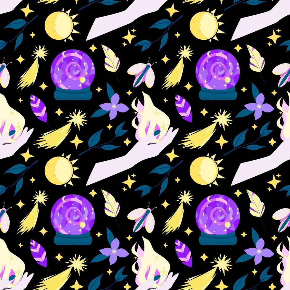 Seamless vector pattern with magical elements on a black background.