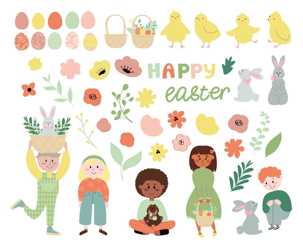 Happy Easter vector set.Collection of cute characters and spring decor isolated on a white background. Children boys and girls celebrate Easter.
