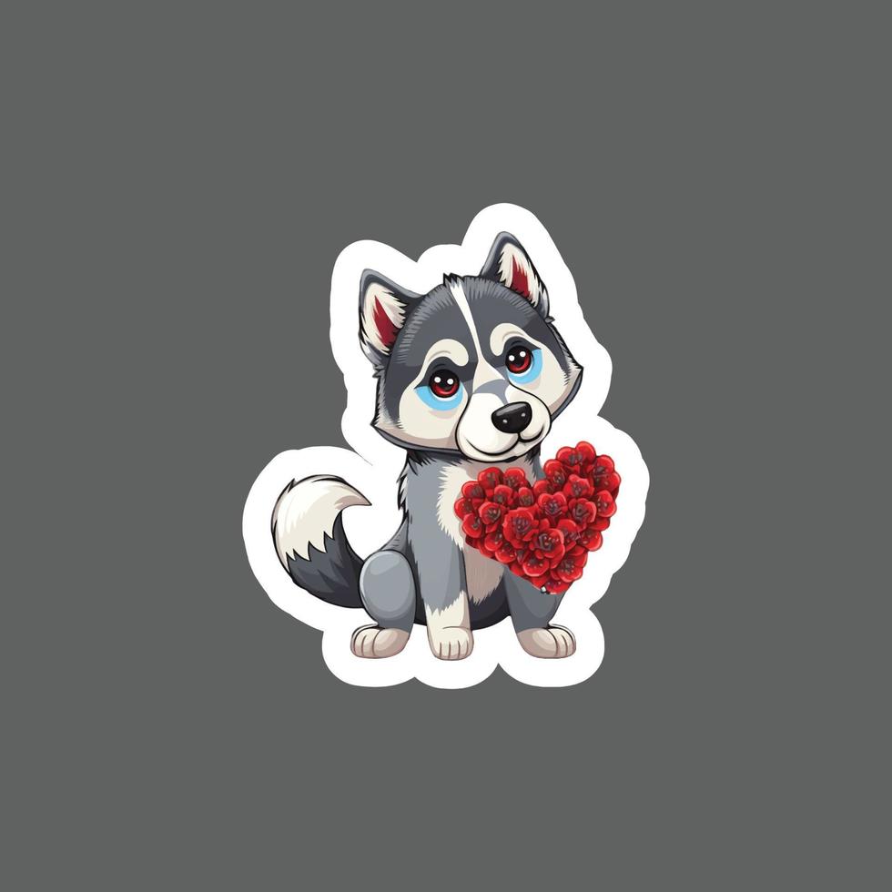 Sticker of Cute husky dog character hugging heart vector