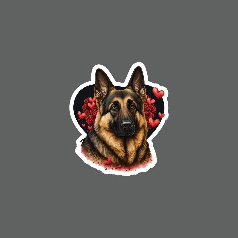 Sticker of German shepherd dog with red Valentine heart vector