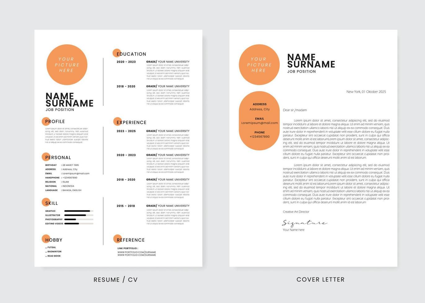 Minimalist CV Resume and Cover Letter Design Template. Super Clean and Clear Professional Modern Design. Stylish Minimalist Elements and Icons with Soft orange Color - Vector Template.