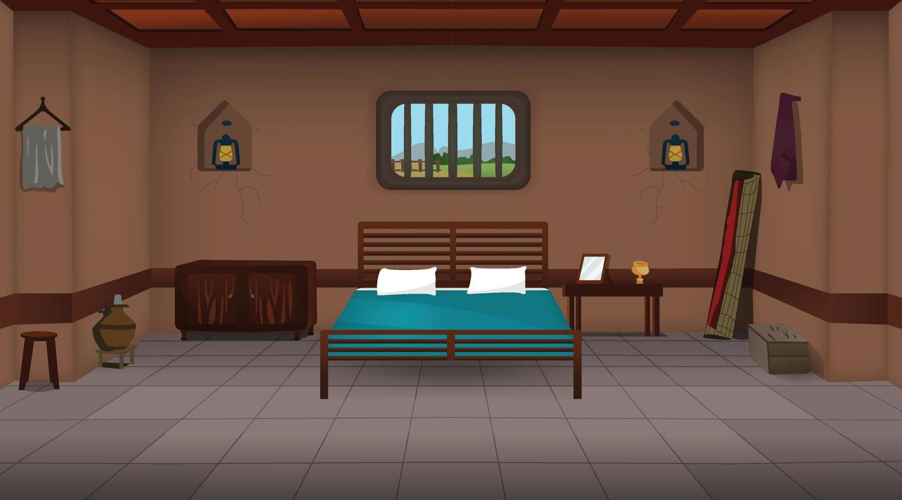 habitación de la aldea dentro del vector de fondo de dibujos animados, ilustraciones de vectores interiores de la habitación de la casa pobre.