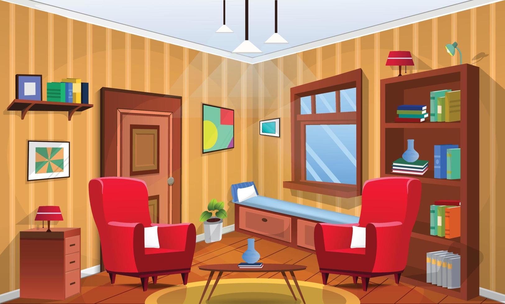 los niños vectoriales estudian el interior de la sala con grandes ventanas, armario, sofá, sillón. vector