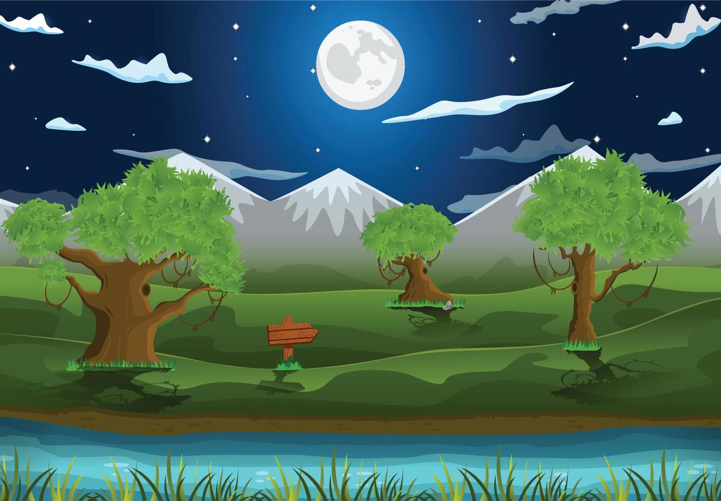 Vector illustration of cartoon night landscape background with full moon, stars, mountain, trees, lake, grass.