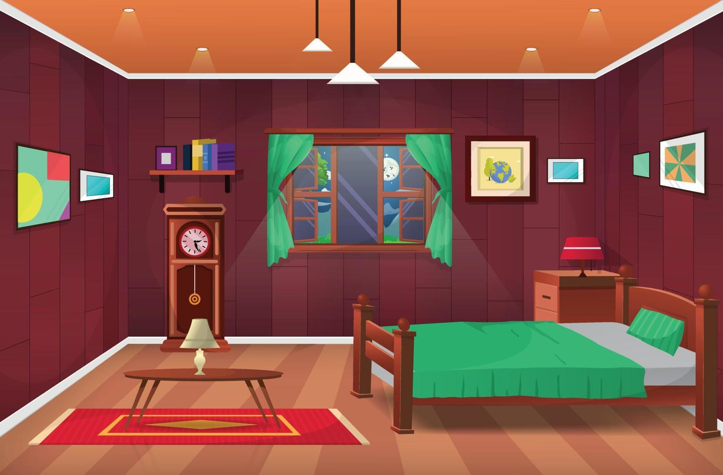 interior de la habitación, dormitorio, salón de dibujos animados, dormitorio infantil con muebles. habitación juvenil con cama. vector