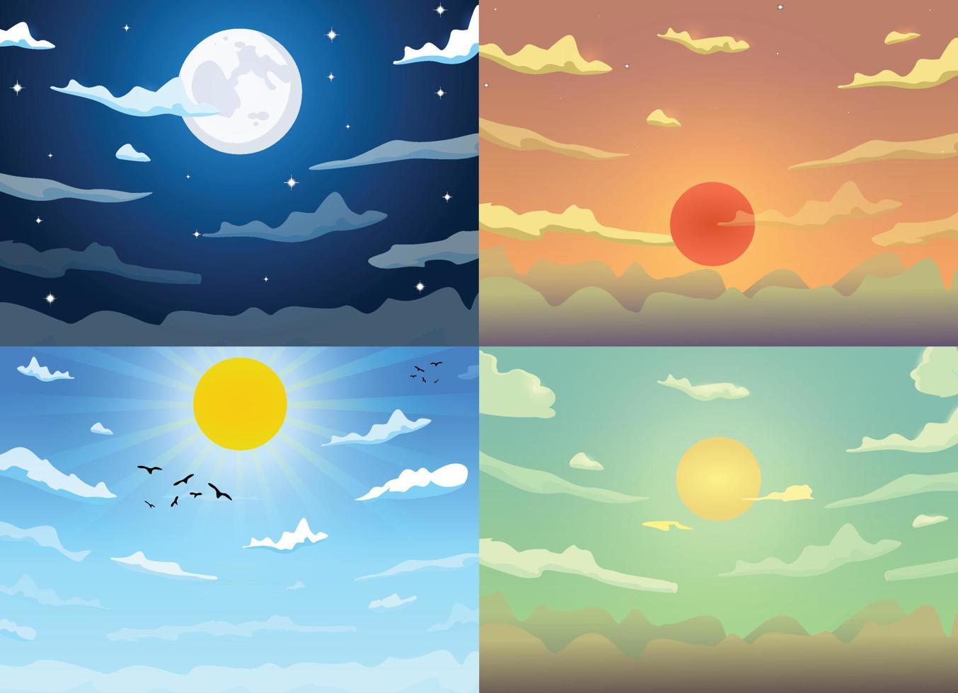 vector diferentes dibujos animados cielo mañana, día, tarde y noche con nubes, sol y luna de fondo.