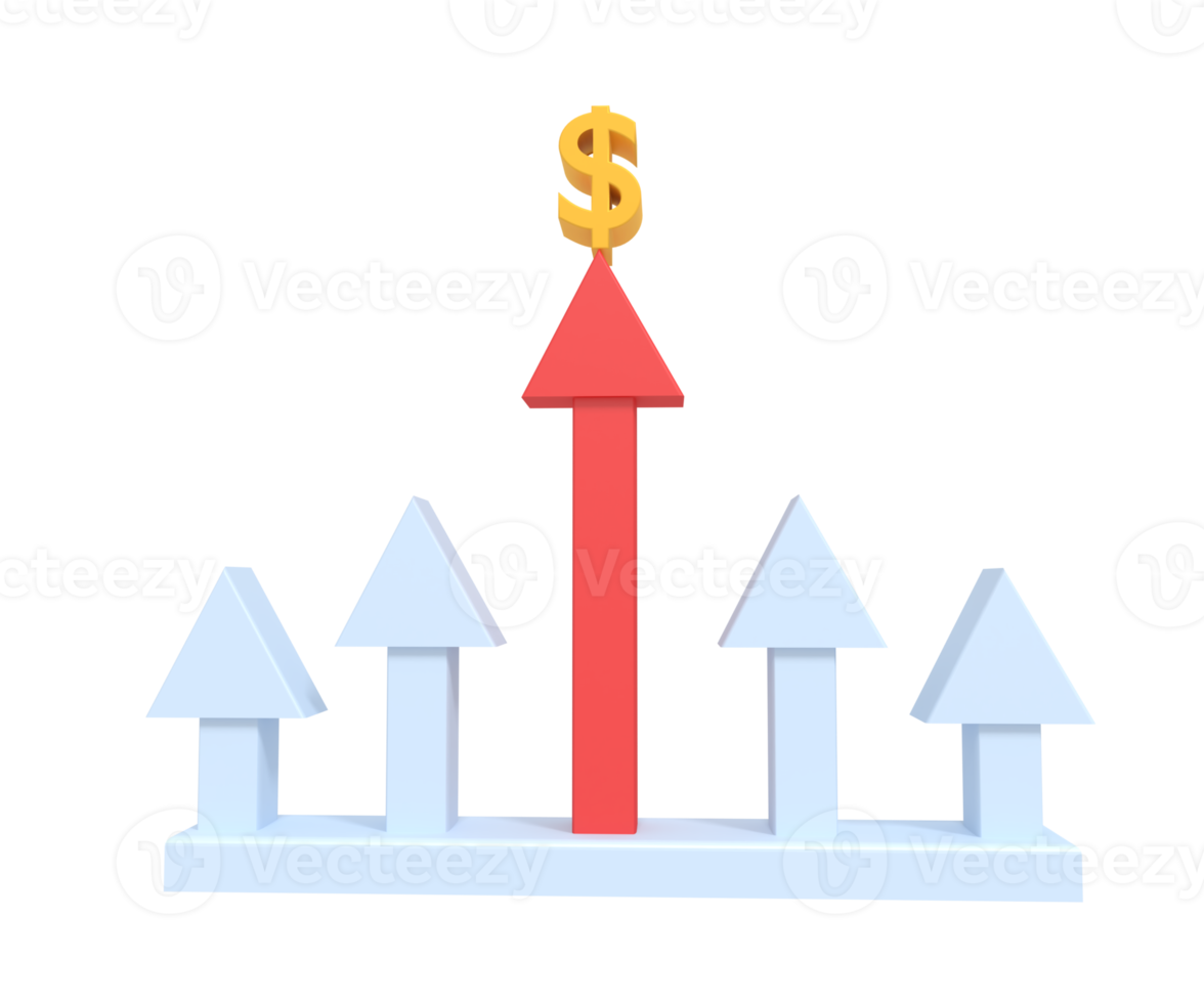 Ilustração 3D do valor crescente do dinheiro com seta para cima png