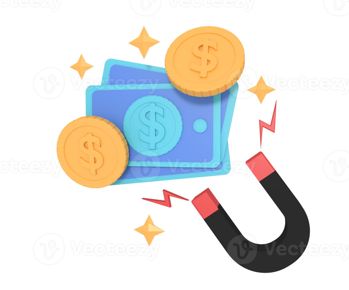 3d illustration of attracting money with a magnet png