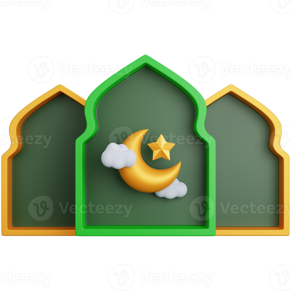 3d rendering three muslim window ornament with crescent moon isolated png