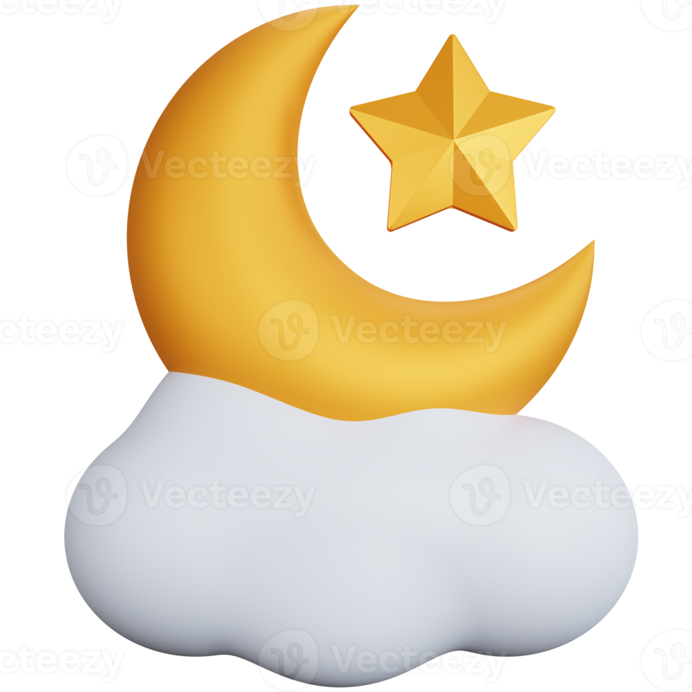 3d rendering crescent moon and stars above the clouds isolated png