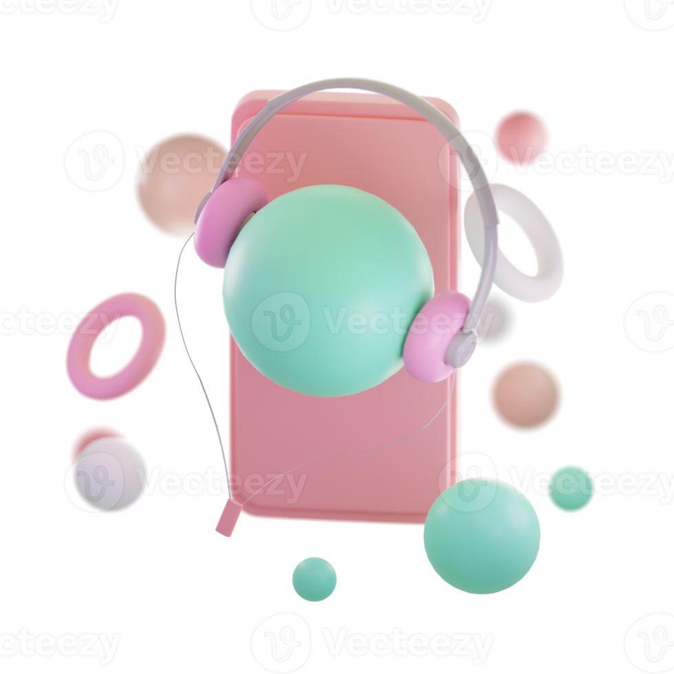 Smartphone with headphones on pastel pink background. 3d rendering . png