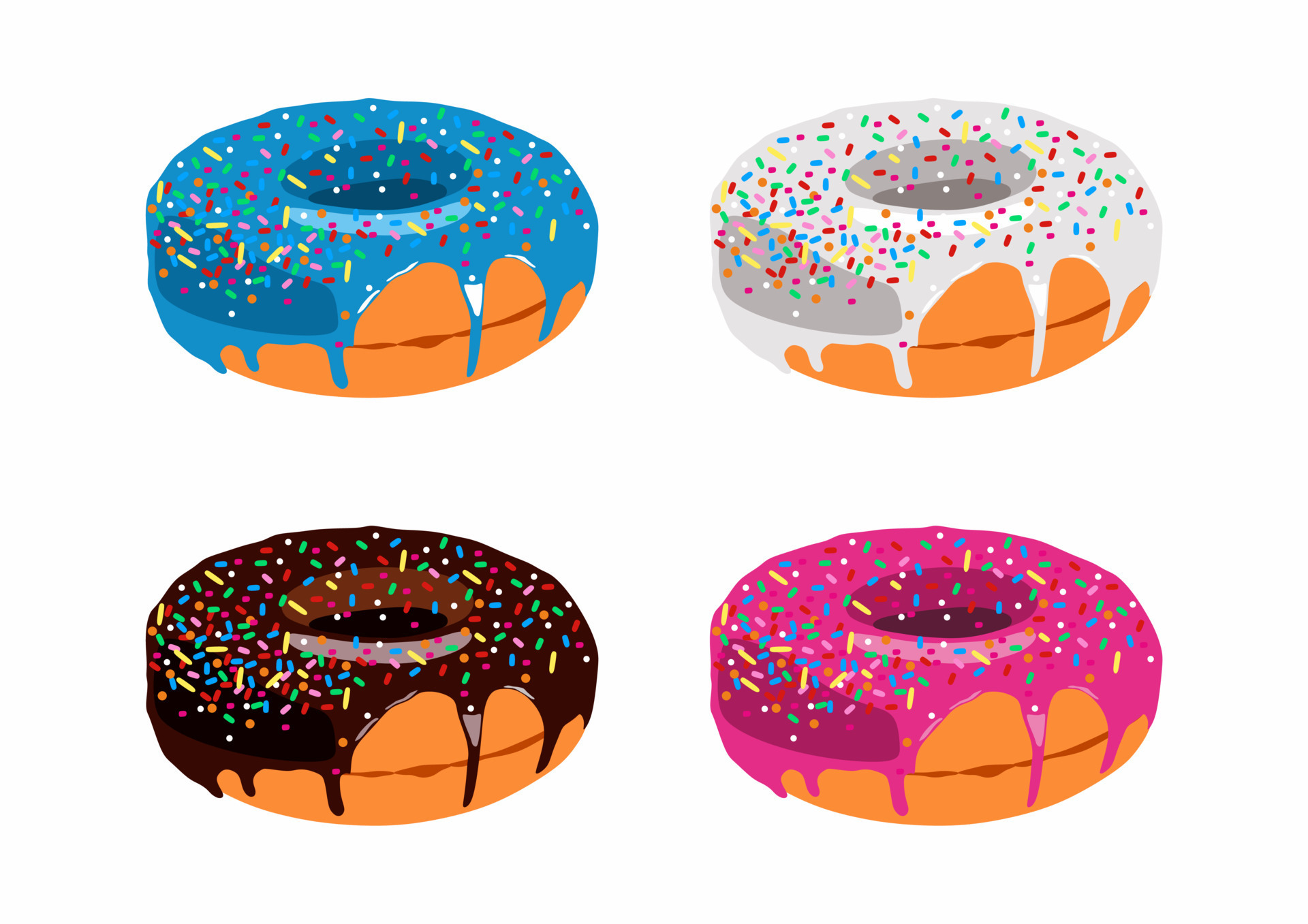 Vector donuts with black, white, pink and blue chocolate or glaze. Donut icons set or collection