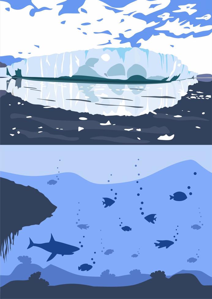 paisaje ártico con iceberg derritiéndose y glaciares flotando en el mar o el océano. concepto de alerta global y cambio climático. paisaje de Groenlandia. plantilla de vida submarina. fondo del océano con peces. vector