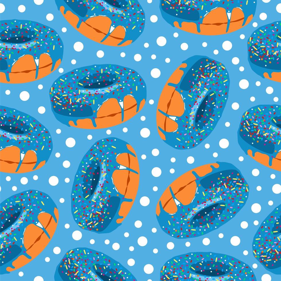 Vector donuts with blue chocolate or glaze. Seamless pattern. Donut icons. Sweet desserts. Fast food. Food objects icons isolated. Glazed round cakes. Print, textile, fabric, wrapping paper. Pattern.