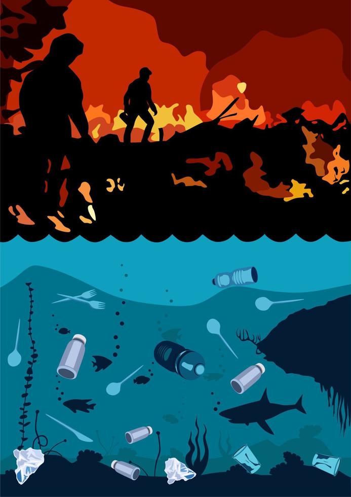 Underwater life template. Ocean bottom with seaweeds. Marine scene. Stop plastic pollution. Fireman's fight with fire in forest, man extinguish burning wildfire at night wood with raging flames. vector