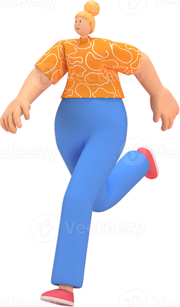 personagem mulher camisa laranja calça azul fazendo atividades png