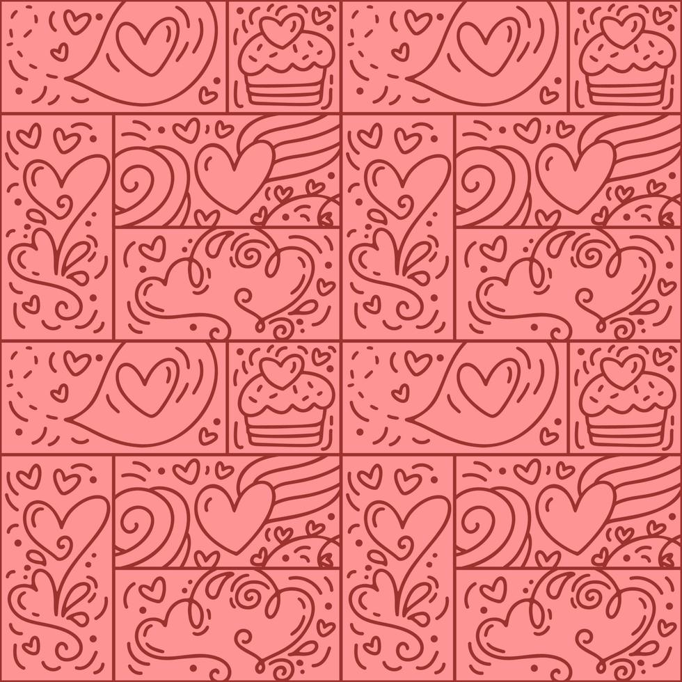 Valentines logo vector patrón sin costuras amor, pastel, línea de corazón y abstracto sobre fondo rosa. constructor monoline dibujado a mano para tarjeta de felicitación romántica