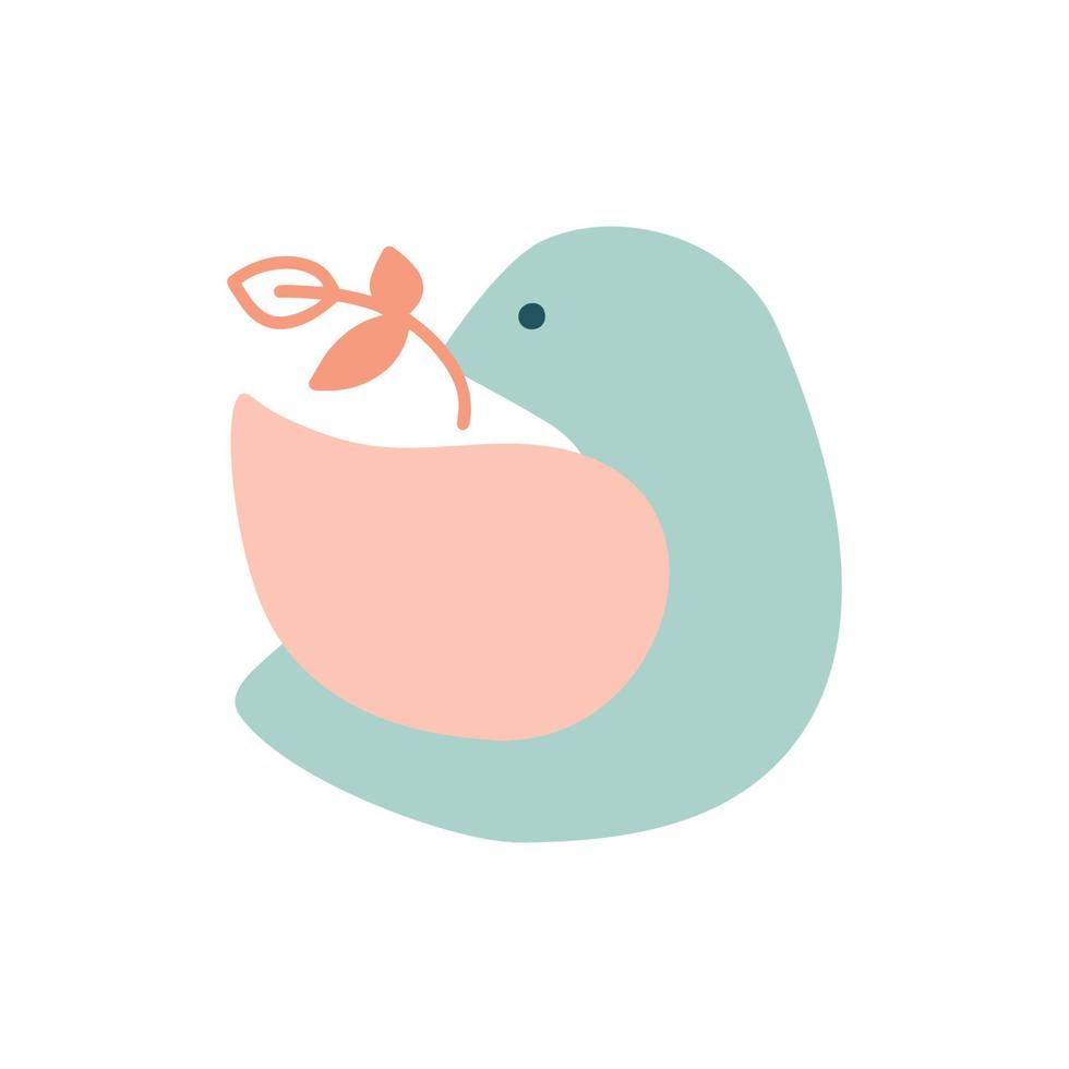 Vector 70s cute Dove spring bird with branch in beak. Groovy hippie funny boho pastel palette. Great for fabric, giftwrap, scrapbooking, packaging, poster, card