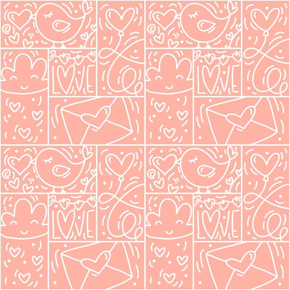 Valentines logo vector seamless pattern love, bird, heart, envelope line and abstract on pink background. Hand drawn monoline constructor for romantic greeting card