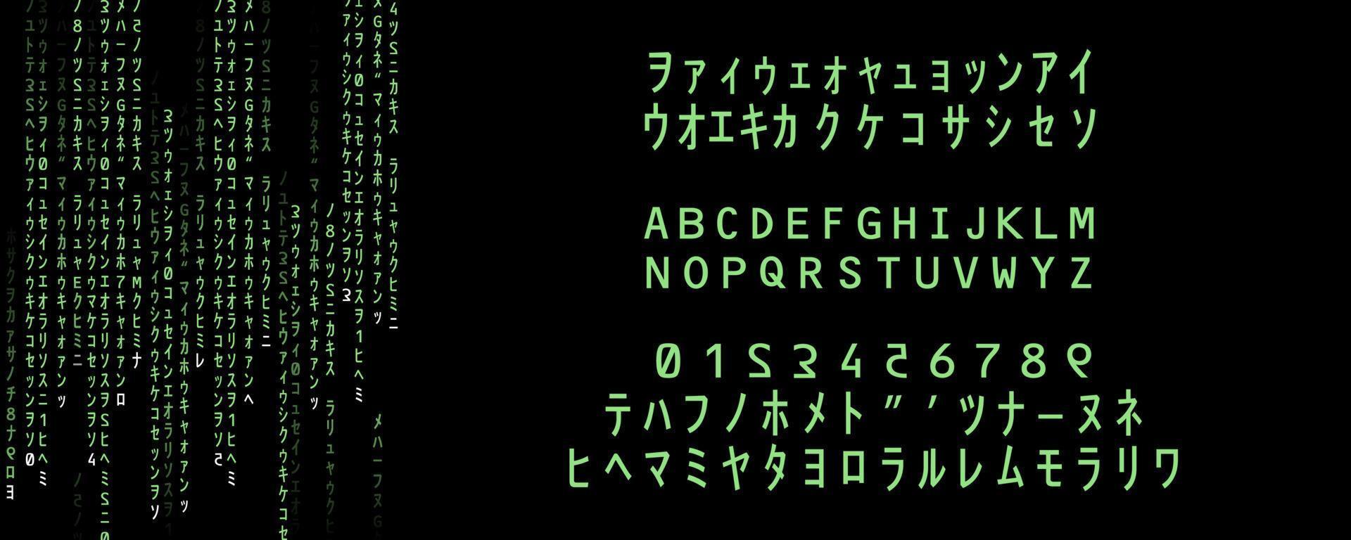 Alphabet, numbers and special characters for source code. VR typography for web projects. Rain of green glowing signs on black screen. Wallpaper graphic generated in illustrator. Hacking subject. vector