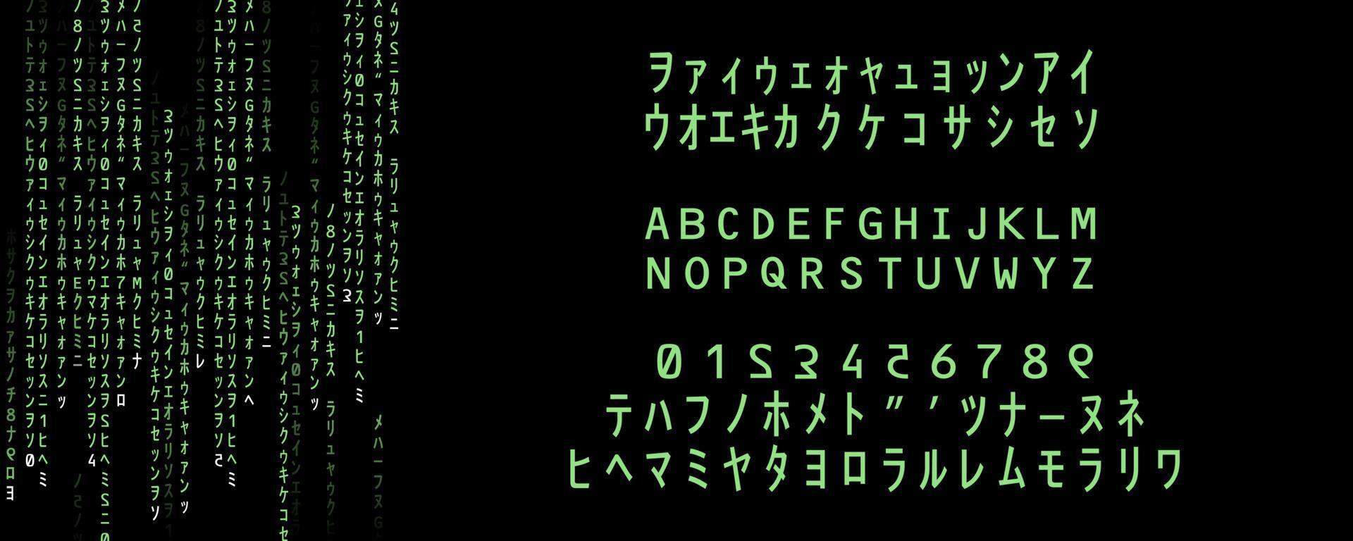 Alphabet, numbers and special characters for source code. VR typography for web projects. Rain of green glowing signs on black screen. Wallpaper graphic generated in illustrator. Hacking subject. vector