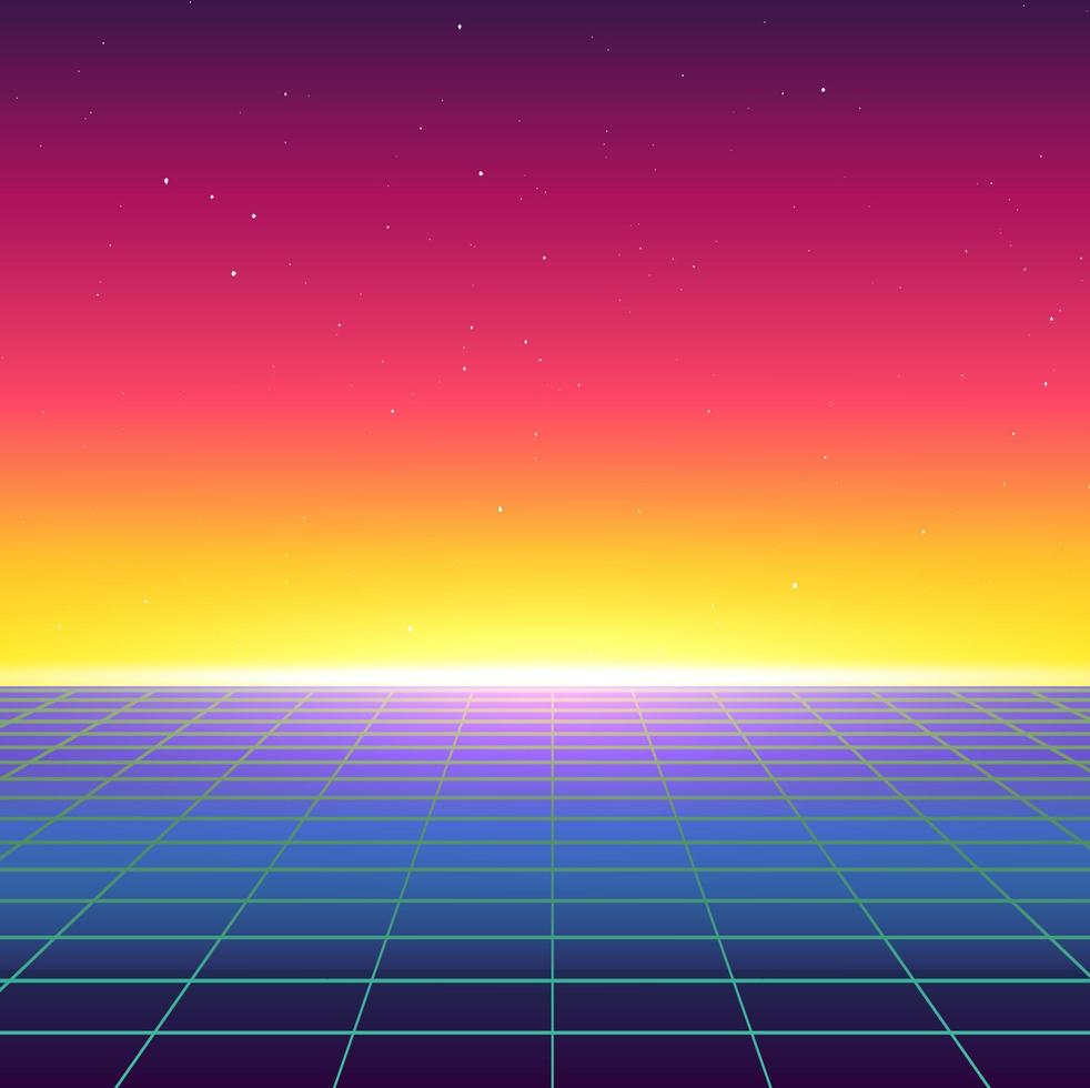 Synthwave Retro Landscape in 80's Style. Graphic For Retro Wave Music. Album Cover. 1984 skyline design. 3D VR futuristic illustration for print. Abstract colorful wallpaper. vector