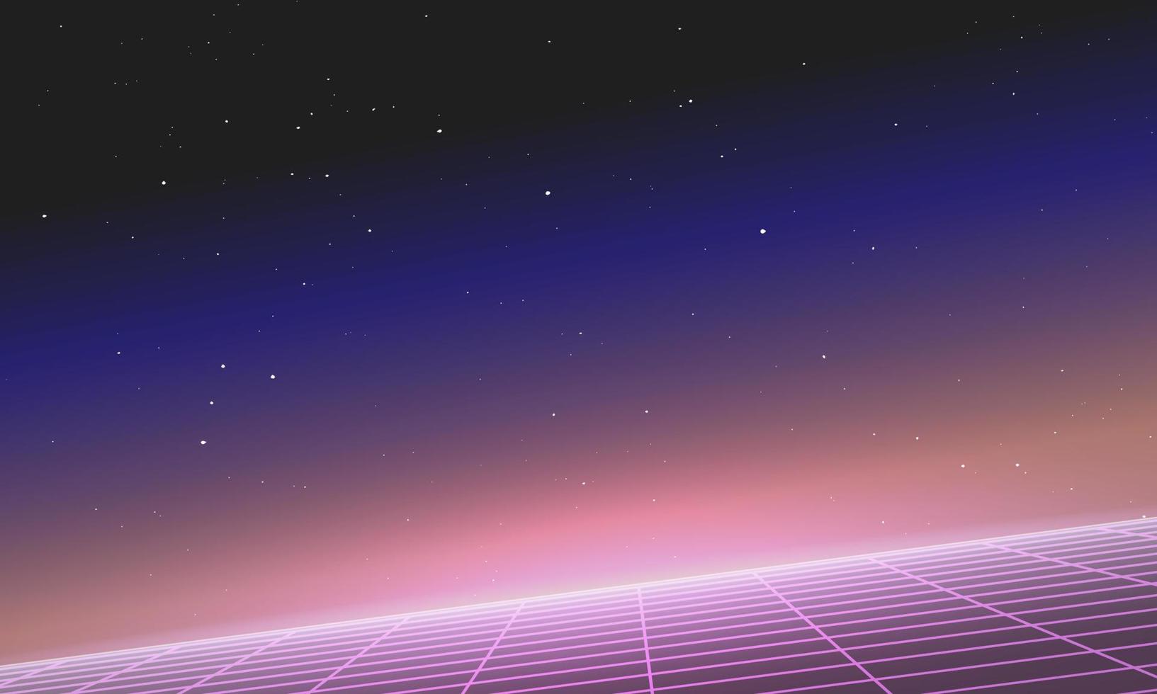 gráfico vectorial de onda sintética con cuadrículas en el espacio. búsqueda de galaxias al estilo synthwave de los años 80. llamarada de luz brillante en el horizonte. estrellas en el fondo. diseño vintage retro futurista. vector