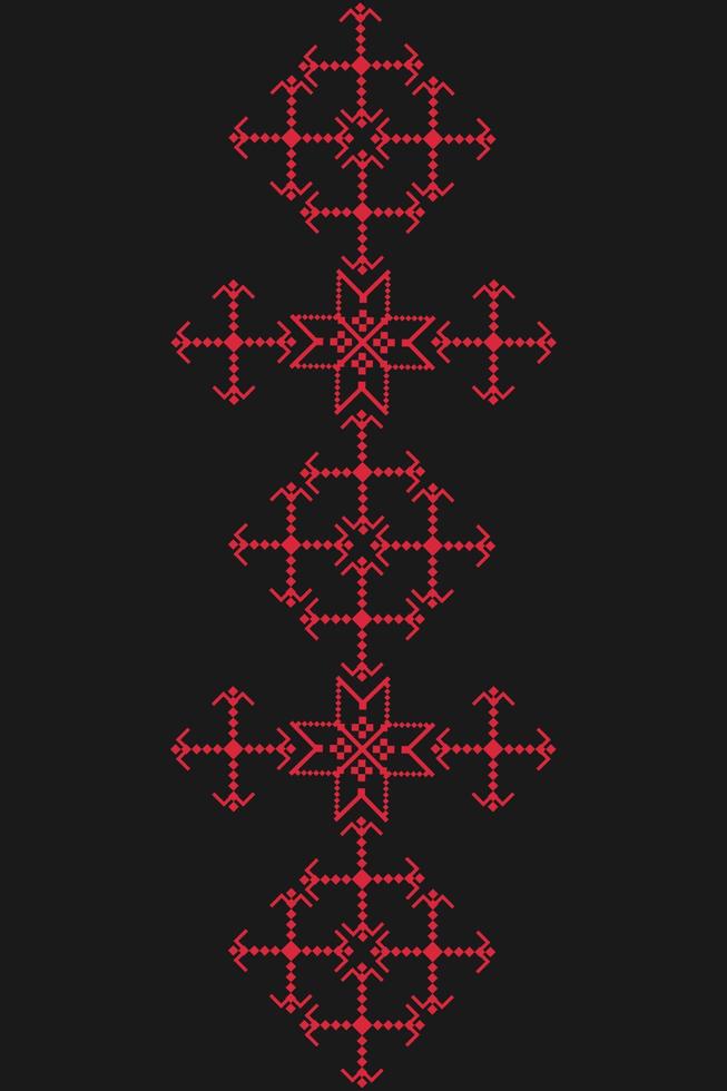 Colored geometric figures of ethnic embroidery. Ukrainian pattern. Ethnic ornament. Cross-stitch. Vector illustration on a black background.