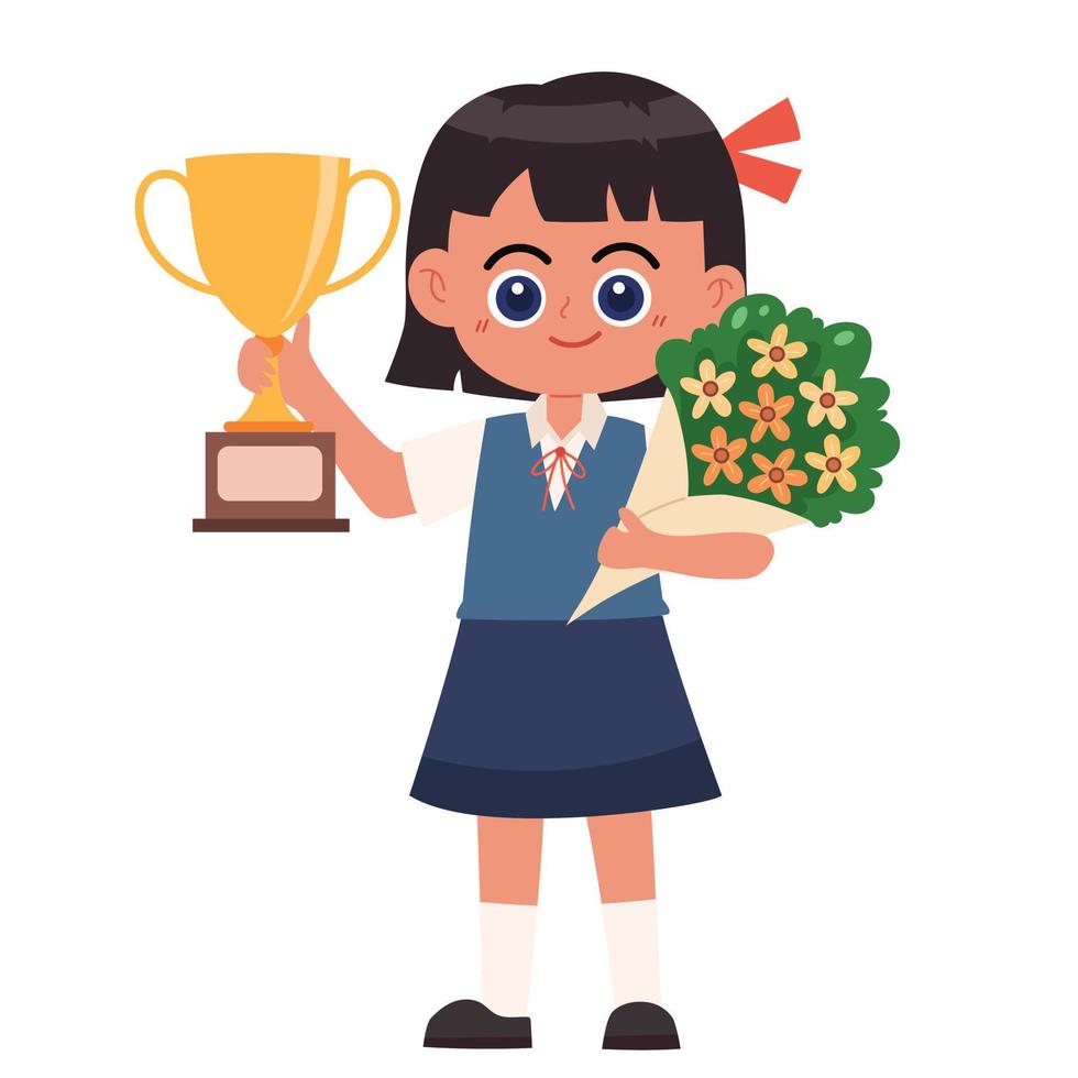 Little girl holding trophy cartoon vector