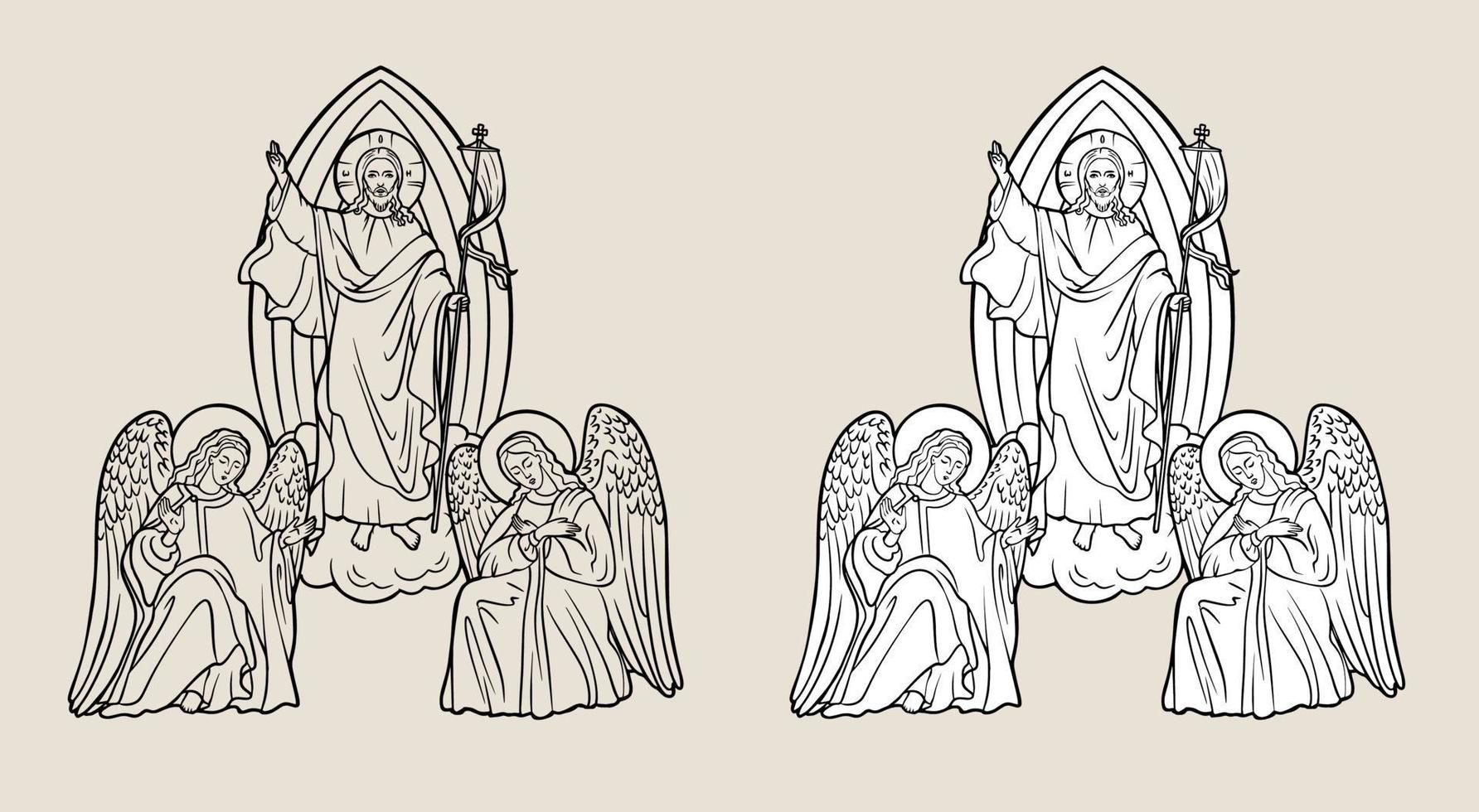 Jesus' Passover. Angels. Biblical scene. Flat vector illustration. resurrection of Jesus or resurrection of Christ. outline photo for Easter day.