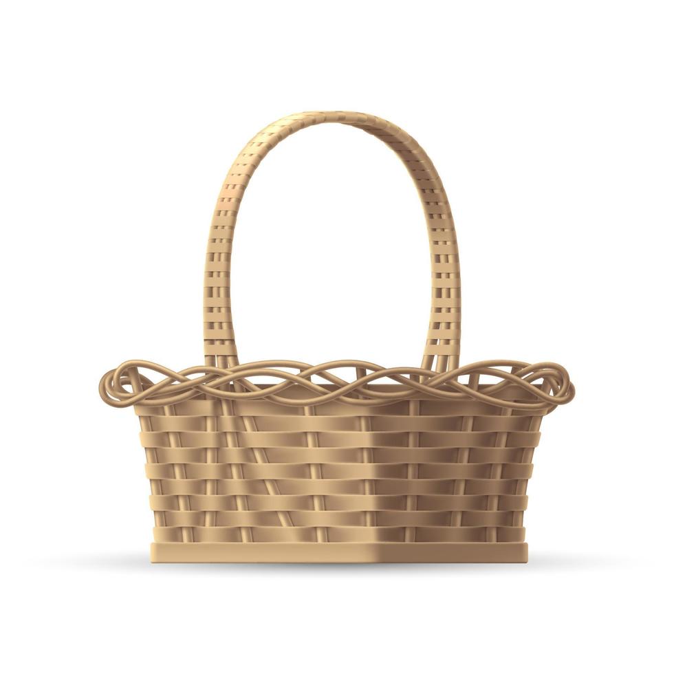 Vector template of wicker straw 3D basket with handle on an isolated background. Illustration of realistic voluminous empty picnic basket.